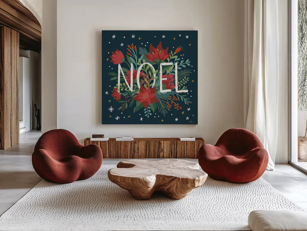Christmas Bloom VII by Janelle Penner. Shown as extra-large giant wall art in a modern living room. Available as an archival giclee rolled canvas, fine art paper, or poster print. SKU 38733a.