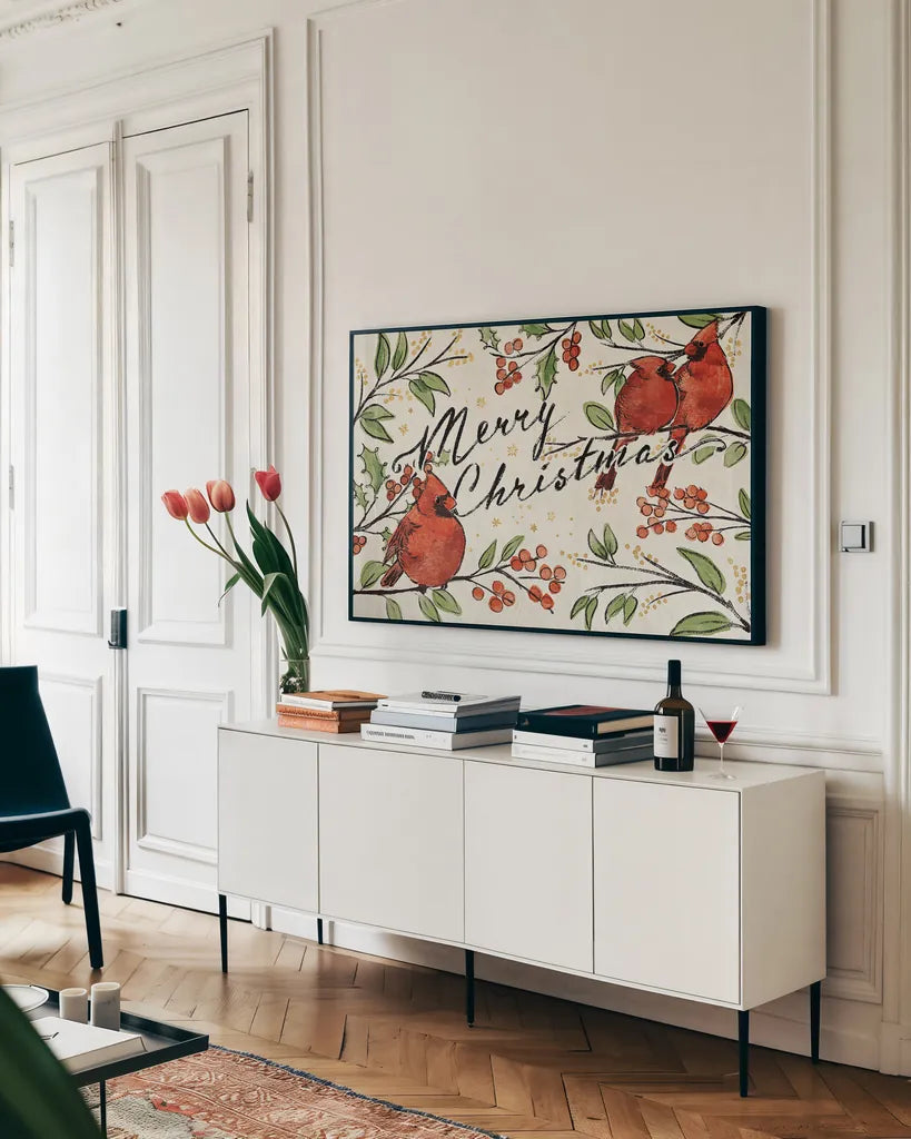 Christmas Lovebirds VIII by Janelle Penner. shown as a framed stretched canvas in a living room above a console. Available as a archival giclee rolled canvas, fine art paper, or poster print. SKU 46754i.