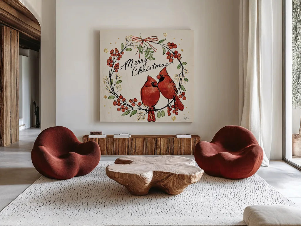 Christmas Lovebirds XII by Janelle Penner. Shown as extra-large giant wall art in a modern living room. Available as an archival giclee rolled canvas, fine art paper, or poster print. SKU 46758a.