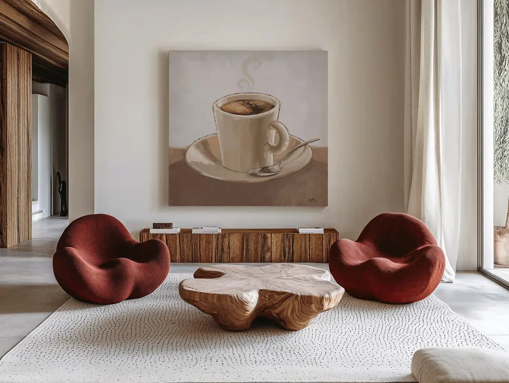 Coffee and Co II Neutral by Janelle Penner. Shown as extra-large giant wall art in a modern living room. Available as an archival giclee rolled canvas, fine art paper, or poster print. SKU 83403a.