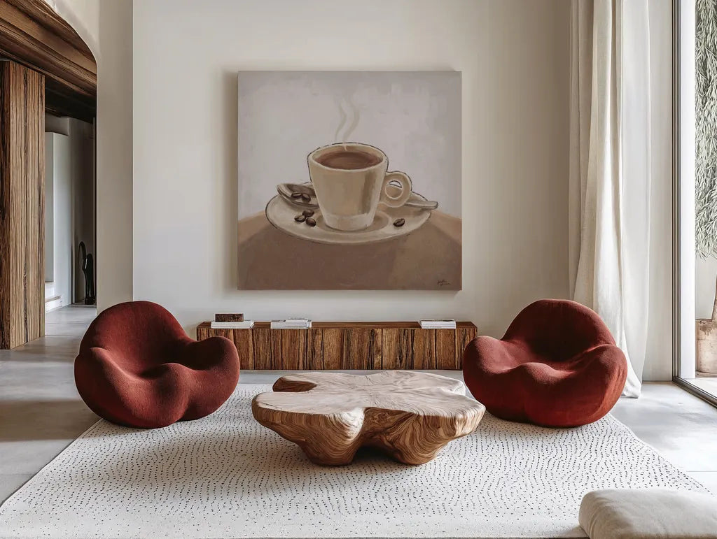 Coffee and Co III Neutral by Janelle Penner. Shown as extra-large giant wall art in a modern living room. Available as an archival giclee rolled canvas, fine art paper, or poster print. SKU 83404a.