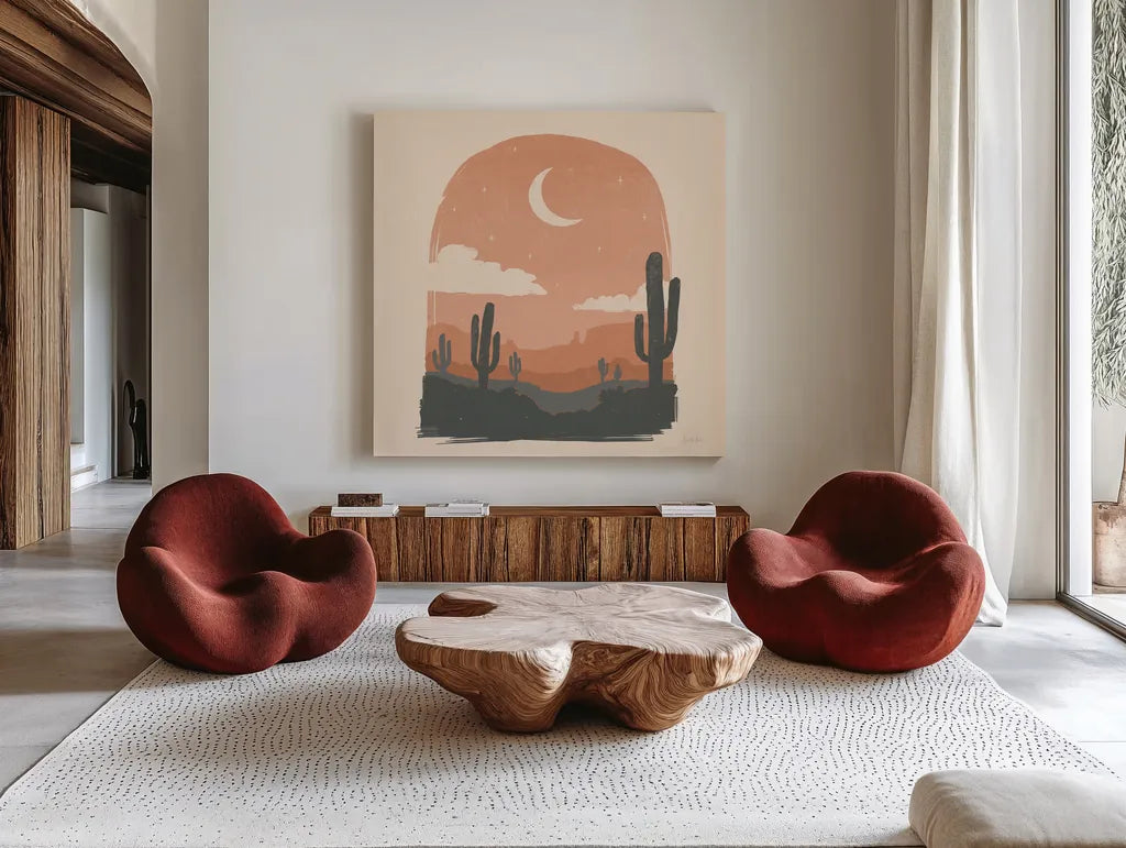 Desert II Sq by Janelle Penner. Shown as extra-large giant wall art in a modern living room. Available as an archival giclee rolled canvas, fine art paper, or poster print. SKU 80643a.