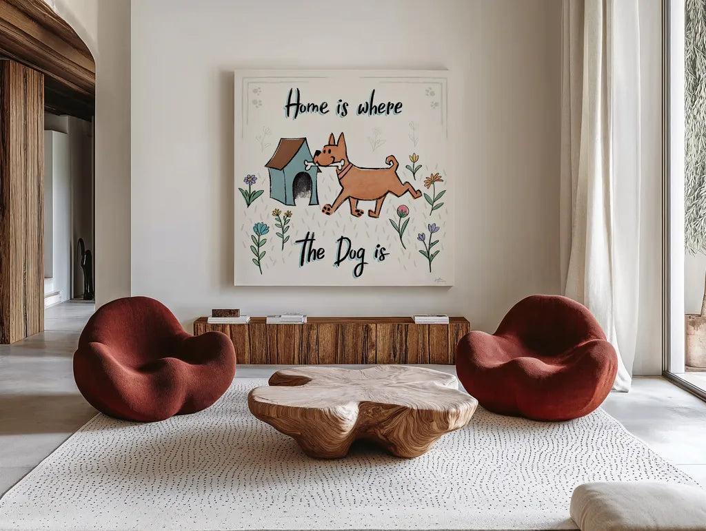 Dogs in the Garden V by Janelle Penner. Shown as extra-large giant wall art in a modern living room. Available as an archival giclee rolled canvas, fine art paper, or poster print. SKU 36681a.