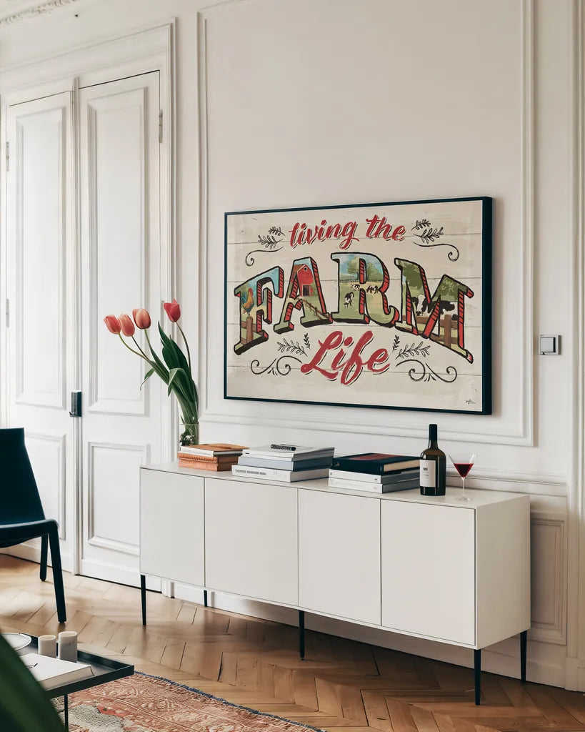 Farm Life IV by Janelle Penner. shown as a framed stretched canvas in a living room above a console. Available as a archival giclee rolled canvas, fine art paper, or poster print. SKU 43935i.