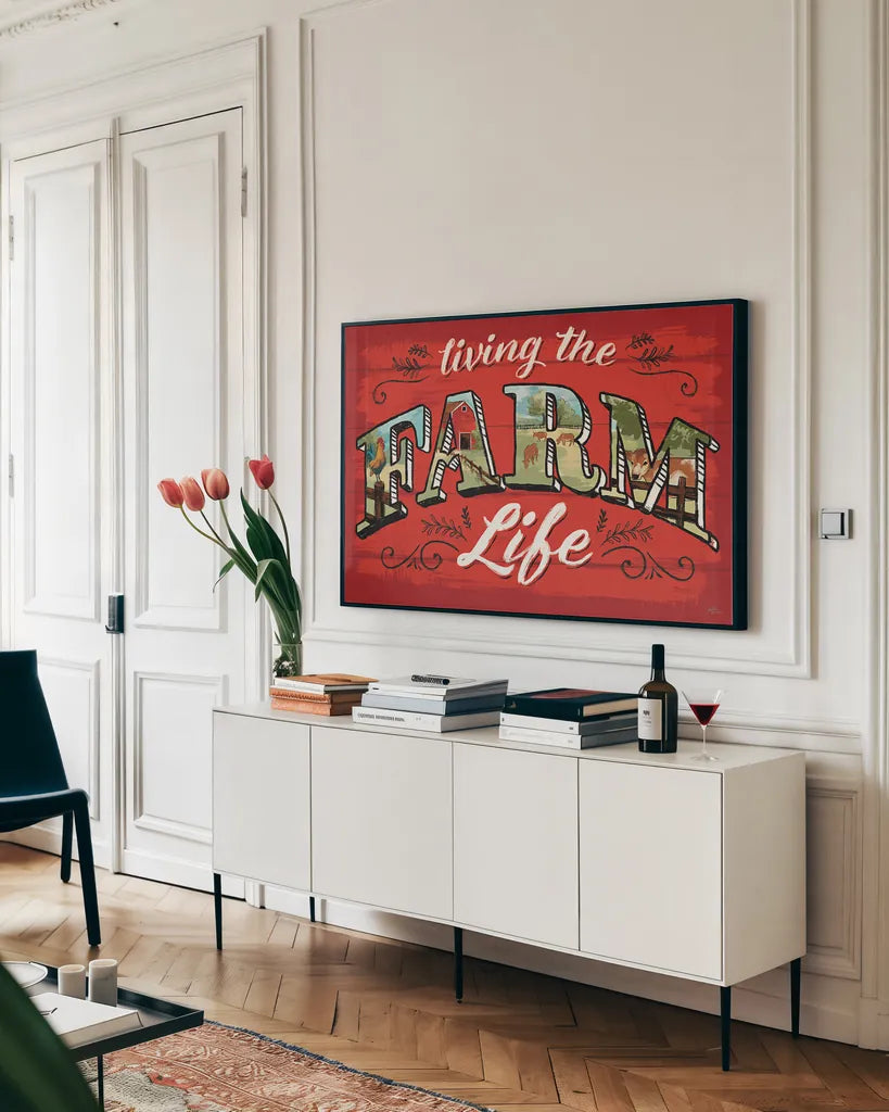 Farm Life V by Janelle Penner. shown as a framed stretched canvas in a living room above a console. Available as a archival giclee rolled canvas, fine art paper, or poster print. SKU 43936i.