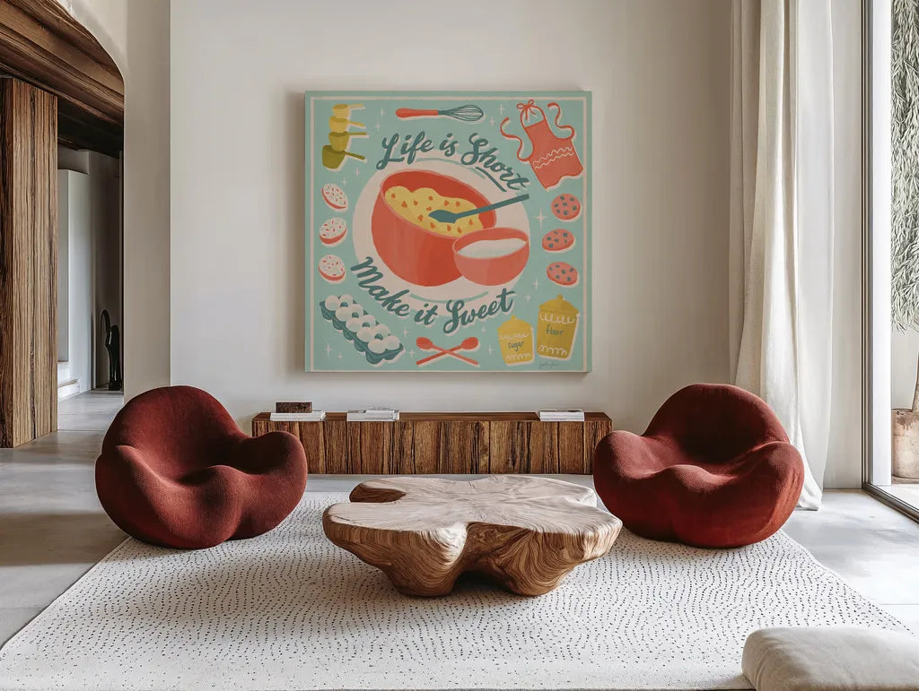 Fresh Baked IV by Janelle Penner. Shown as extra-large giant wall art in a modern living room. Available as an archival giclee rolled canvas, fine art paper, or poster print. SKU 71578a.