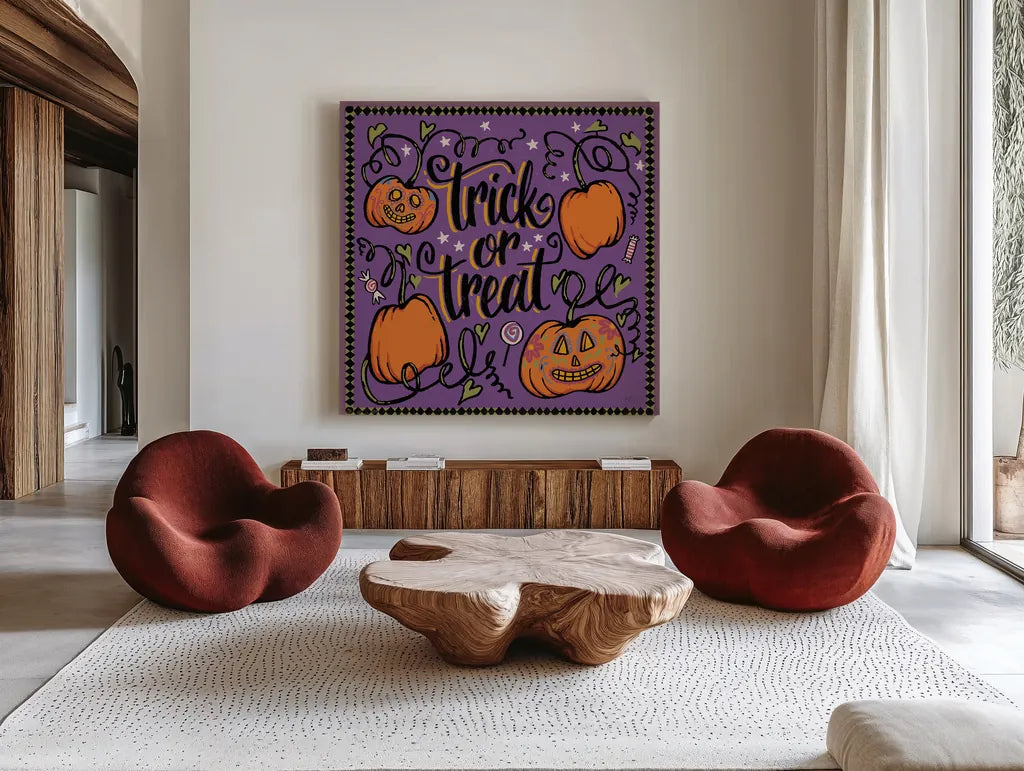 Halloween Expressions II by Janelle Penner. Shown as extra-large giant wall art in a modern living room. Available as an archival giclee rolled canvas, fine art paper, or poster print. SKU 81654a.