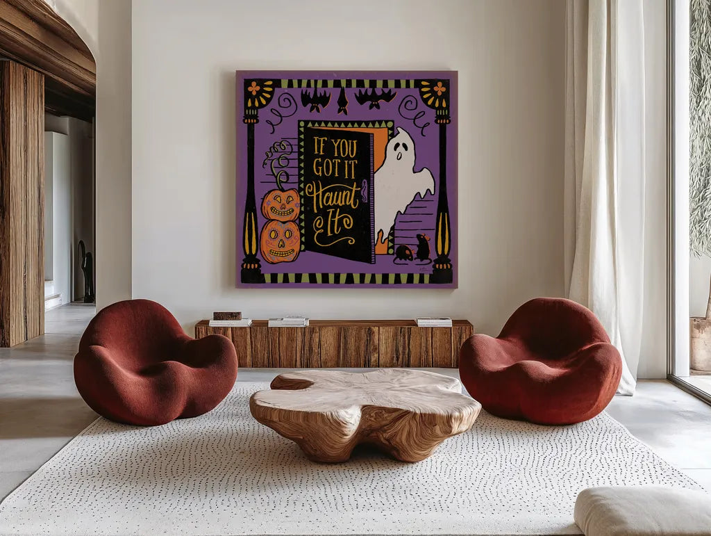 Halloween Expressions V by Janelle Penner. Shown as extra-large giant wall art in a modern living room. Available as an archival giclee rolled canvas, fine art paper, or poster print. SKU 81657a.