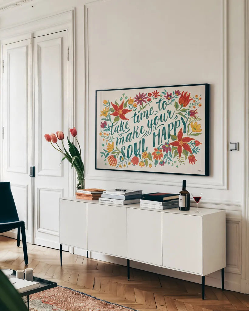 Happy Thoughts I by Janelle Penner. shown as a framed stretched canvas in a living room above a console. Available as a archival giclee rolled canvas, fine art paper, or poster print. SKU 54096i.