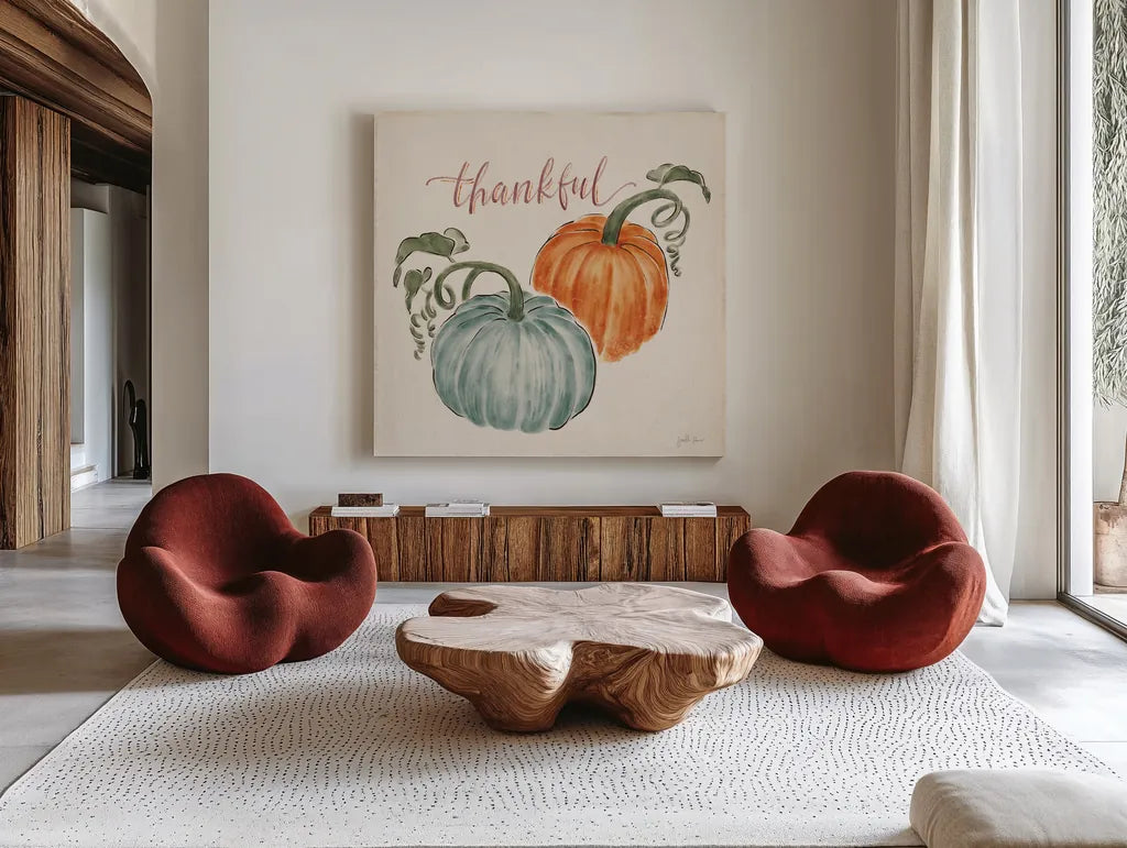 Harvest Jewels III Pumpkins by Janelle Penner. Shown as extra-large giant wall art in a modern living room. Available as an archival giclee rolled canvas, fine art paper, or poster print. SKU 75094a.
