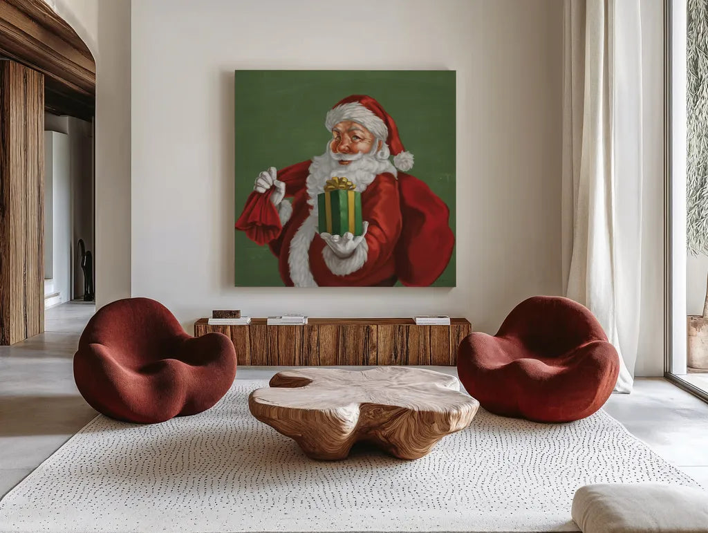 Holiday Santa I by Janelle Penner. Shown as extra-large giant wall art in a modern living room. Available as an archival giclee rolled canvas, fine art paper, or poster print. SKU 57227a.