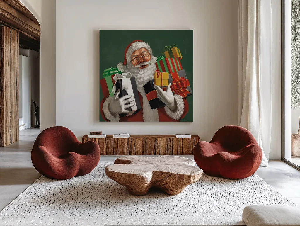 Holiday Santa IV Dark Green by Janelle Penner. Shown as extra-large giant wall art in a modern living room. Available as an archival giclee rolled canvas, fine art paper, or poster print. SKU 59683a.
