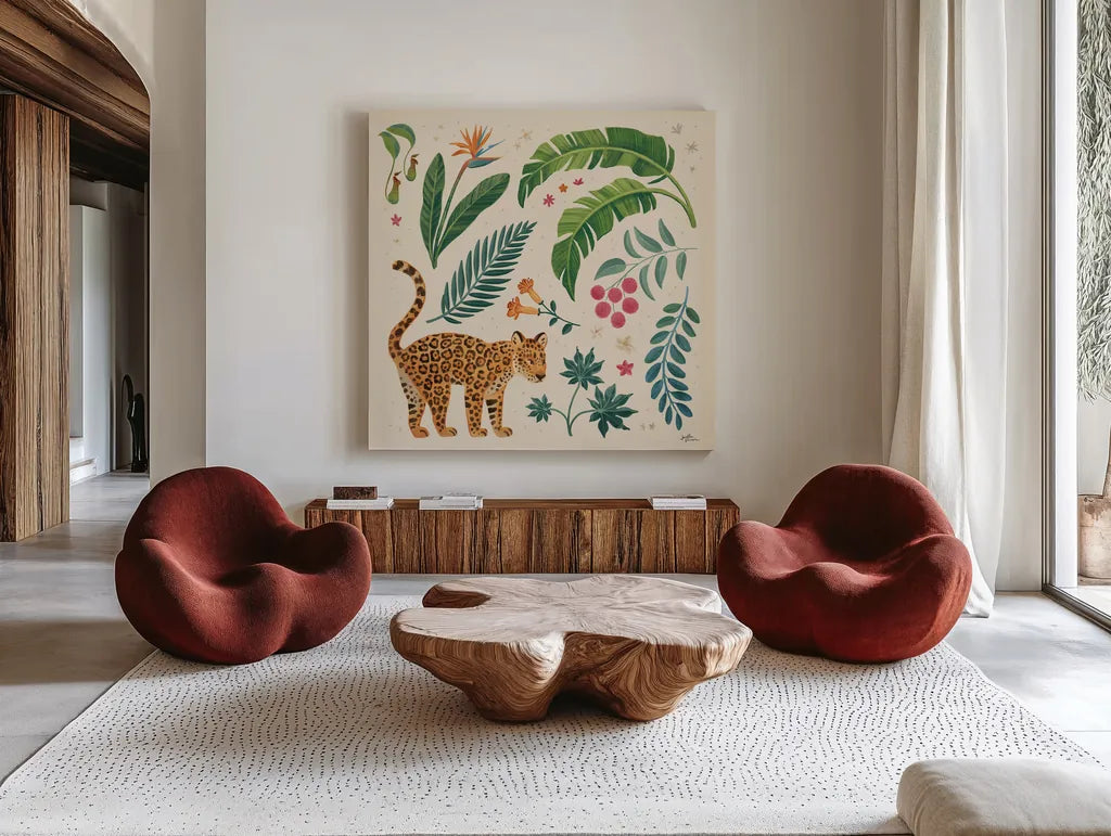 Jungle Love IV Cream by Janelle Penner. Shown as extra-large giant wall art in a modern living room. Available as an archival giclee rolled canvas, fine art paper, or poster print. SKU 56871a.