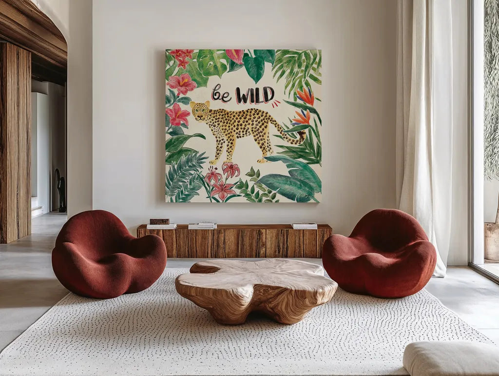 Jungle Vibes III by Janelle Penner. Shown as extra-large giant wall art in a modern living room. Available as an archival giclee rolled canvas, fine art paper, or poster print. SKU 45862a.