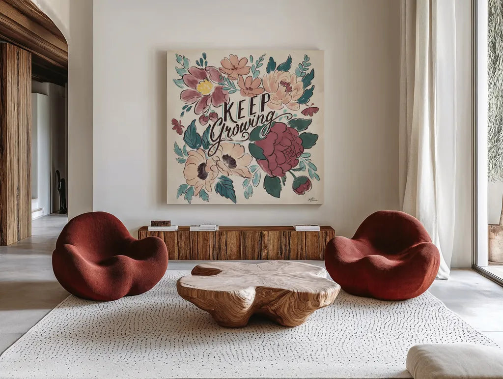Keep Growing I by Janelle Penner. Shown as extra-large giant wall art in a modern living room. Available as an archival giclee rolled canvas, fine art paper, or poster print. SKU 74882a.