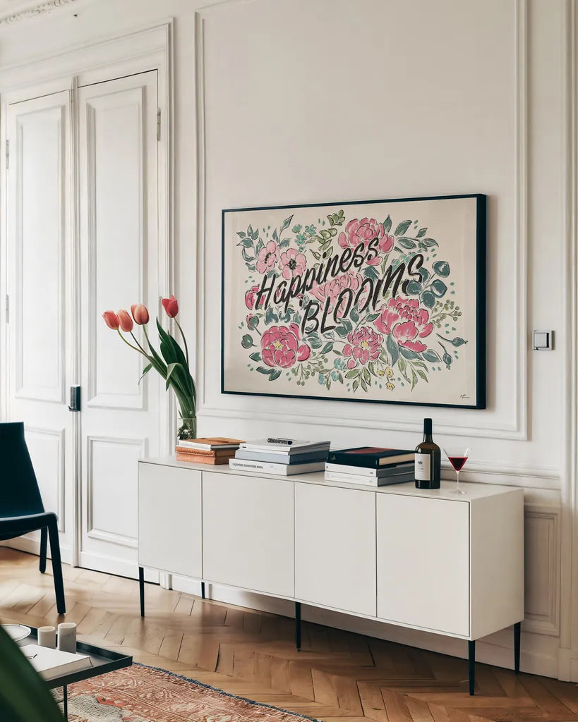 Live in Bloom I by Janelle Penner. shown as a framed stretched canvas in a living room above a console. Available as a archival giclee rolled canvas, fine art paper, or poster print. SKU 45940i.