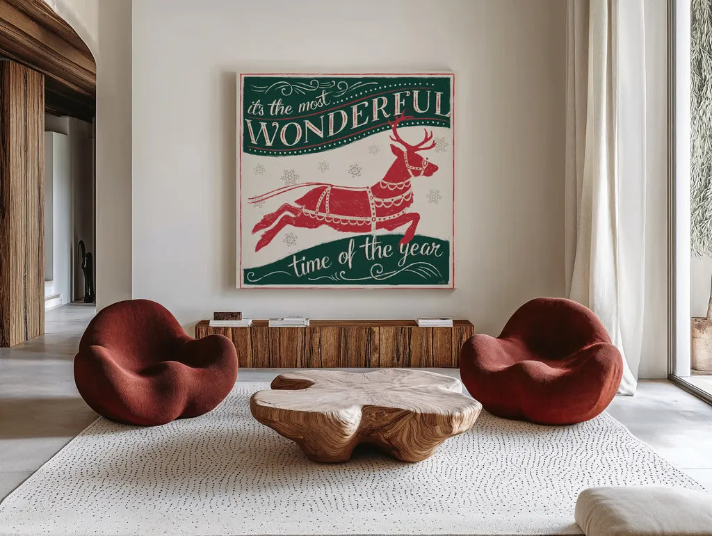 Merry Little Christmas IV Green by Janelle Penner. Shown as extra-large giant wall art in a modern living room. Available as an archival giclee rolled canvas, fine art paper, or poster print. SKU 57502a.