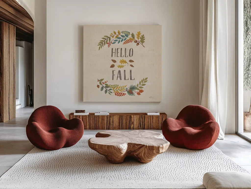 Peace and Lodge VI Burlap by Janelle Penner. Shown as extra-large giant wall art in a modern living room. Available as an archival giclee rolled canvas, fine art paper, or poster print. SKU 47598a.