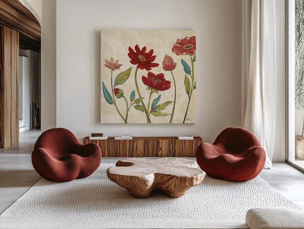 Red Gold Beauties I Crop by Janelle Penner. Shown as extra-large giant wall art in a modern living room. Available as an archival giclee rolled canvas, fine art paper, or poster print. SKU 55941a.