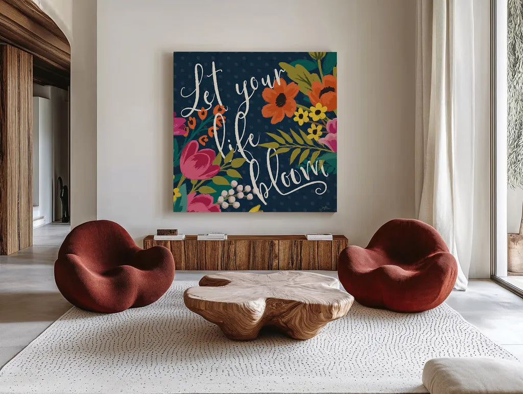 Romantic Luxe II by Janelle Penner. Shown as extra-large giant wall art in a modern living room. Available as an archival giclee rolled canvas, fine art paper, or poster print. SKU 37877a.
