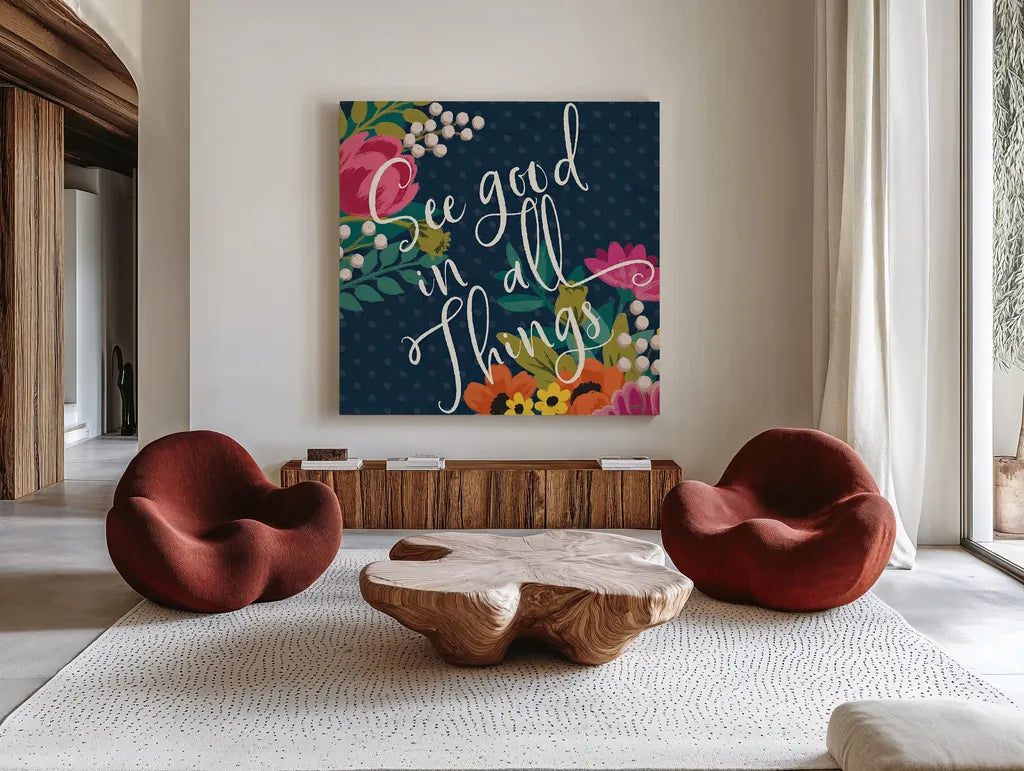 Romantic Luxe III by Janelle Penner. Shown as extra-large giant wall art in a modern living room. Available as an archival giclee rolled canvas, fine art paper, or poster print. SKU 37878a.