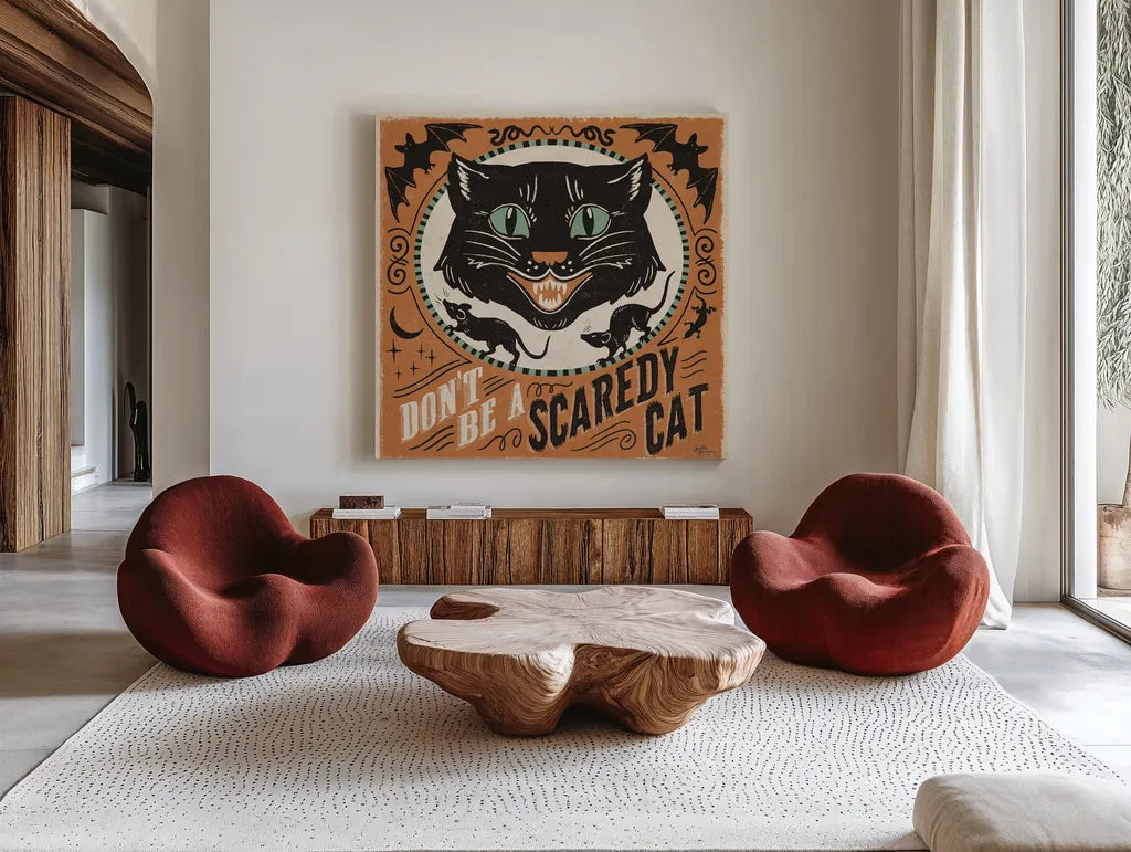 Scaredy Cats III by Janelle Penner. Shown as extra-large giant wall art in a modern living room. Available as an archival giclee rolled canvas, fine art paper, or poster print. SKU 61617a.