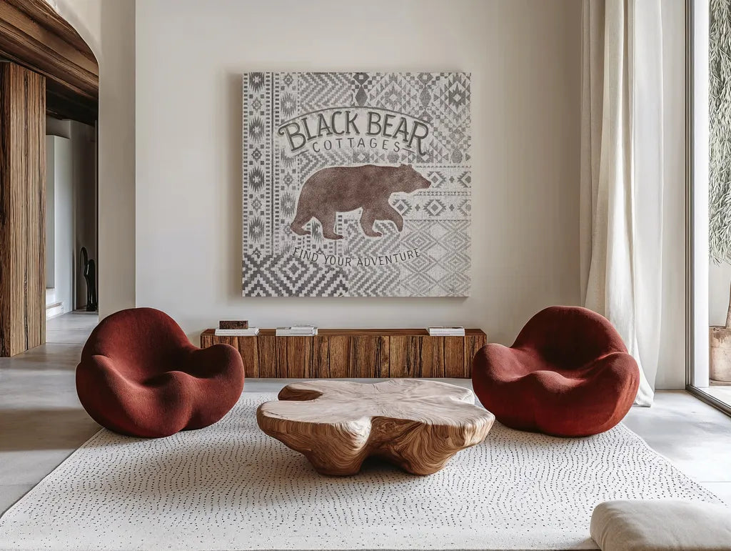 Soft Lodge I Brown by Janelle Penner. Shown as extra-large giant wall art in a modern living room. Available as an archival giclee rolled canvas, fine art paper, or poster print. SKU 47959a.