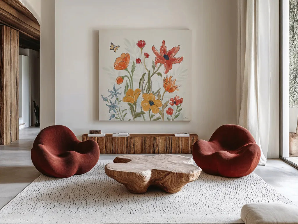 Spiced Petals II by Janelle Penner. Shown as extra-large giant wall art in a modern living room. Available as an archival giclee rolled canvas, fine art paper, or poster print. SKU 60839a.