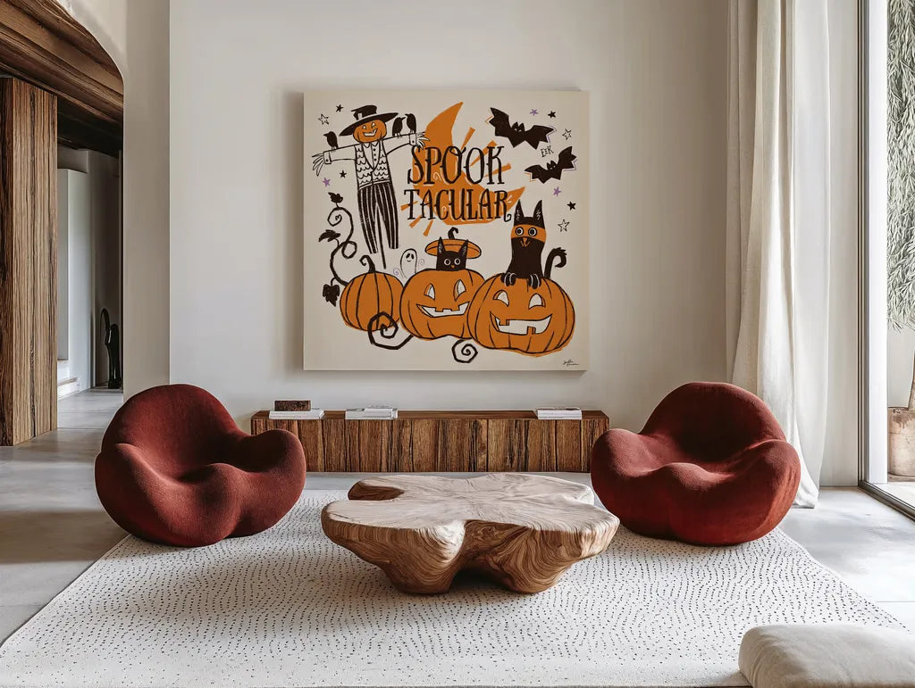 Spooktacular V by Janelle Penner. Shown as extra-large giant wall art in a modern living room. Available as an archival giclee rolled canvas, fine art paper, or poster print. SKU 37850a.