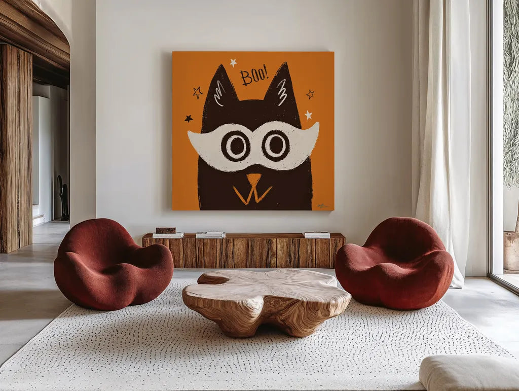 Spooktacular VIII by Janelle Penner. Shown as extra-large giant wall art in a modern living room. Available as an archival giclee rolled canvas, fine art paper, or poster print. SKU 37853a.