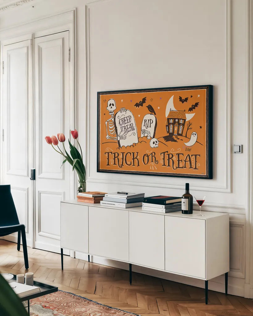 Spooktacular XI by Janelle Penner. shown as a framed stretched canvas in a living room above a console. Available as a archival giclee rolled canvas, fine art paper, or poster print. SKU 37856i.