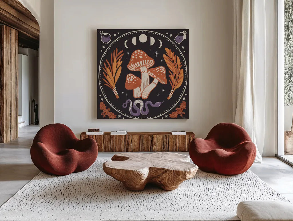 Spooky Symbols III by Janelle Penner. Shown as extra-large giant wall art in a modern living room. Available as an archival giclee rolled canvas, fine art paper, or poster print. SKU 76931a.