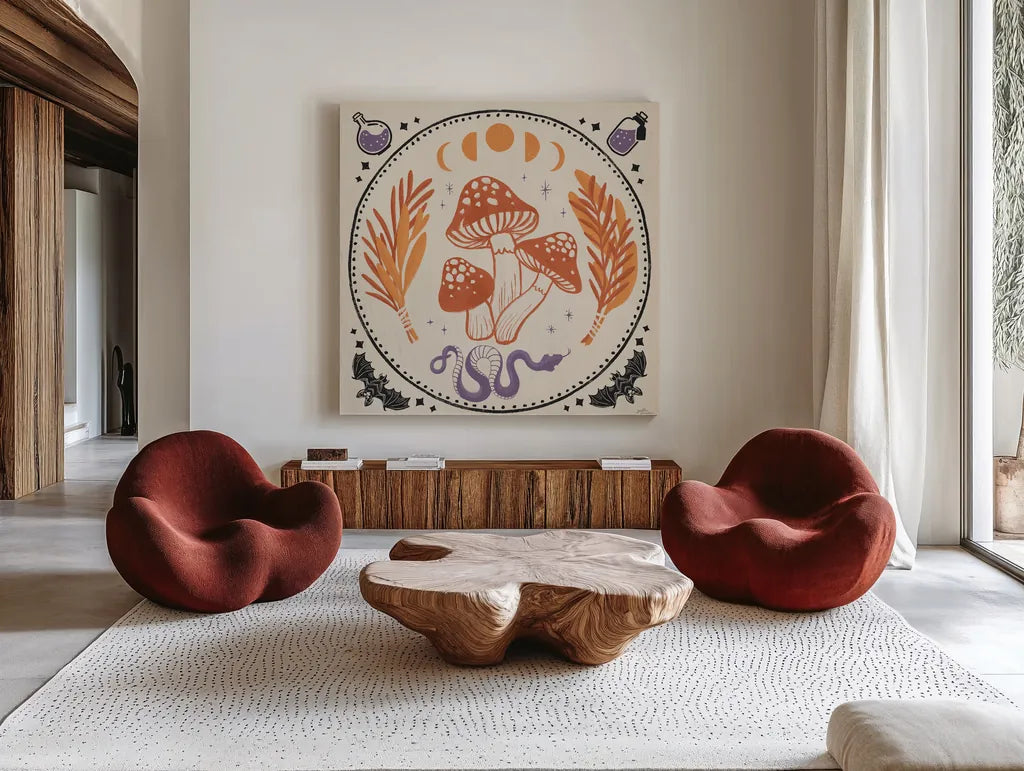 Spooky Symbols III Light by Janelle Penner. Shown as extra-large giant wall art in a modern living room. Available as an archival giclee rolled canvas, fine art paper, or poster print. SKU 76936a.