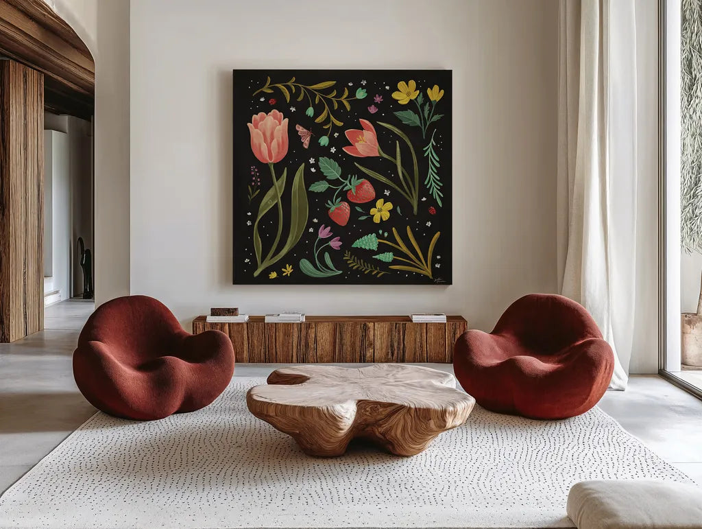 Spring Botanical III Black by Janelle Penner. Shown as extra-large giant wall art in a modern living room. Available as an archival giclee rolled canvas, fine art paper, or poster print. SKU 53485a.