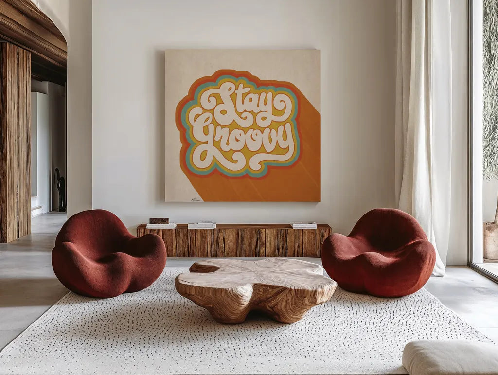 Stay Groovy I by Janelle Penner. Shown as extra-large giant wall art in a modern living room. Available as an archival giclee rolled canvas, fine art paper, or poster print. SKU 65226a.