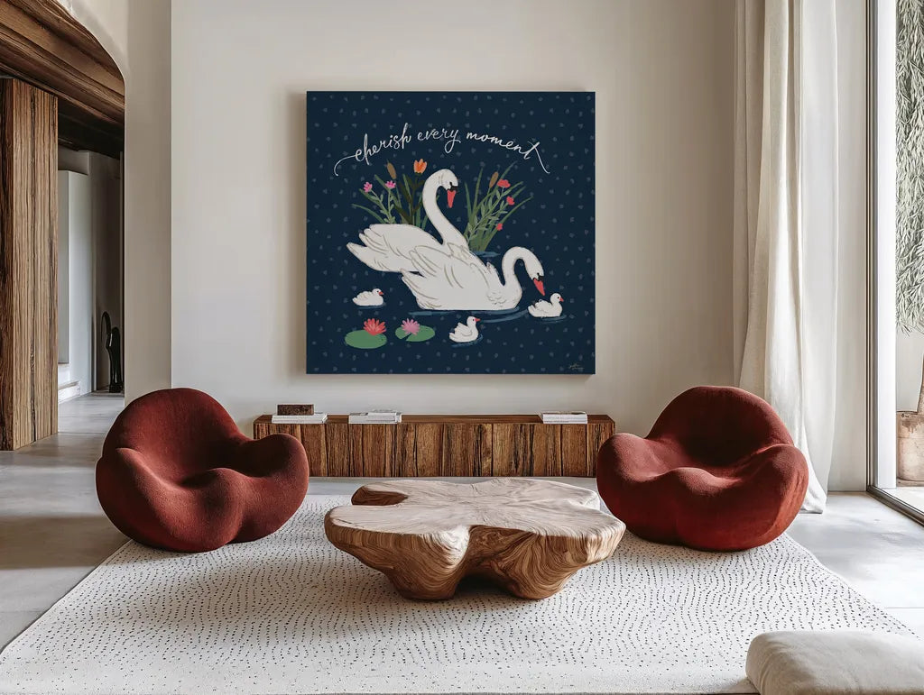 Swan Lake IV by Janelle Penner. Shown as extra-large giant wall art in a modern living room. Available as an archival giclee rolled canvas, fine art paper, or poster print. SKU 39231a.