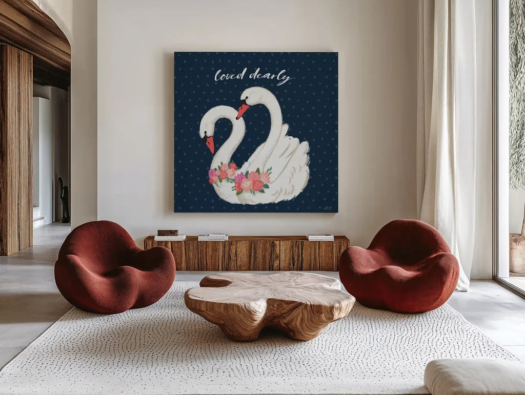 Swan Lake VI Loved by Janelle Penner. Shown as extra-large giant wall art in a modern living room. Available as an archival giclee rolled canvas, fine art paper, or poster print. SKU 52515a.