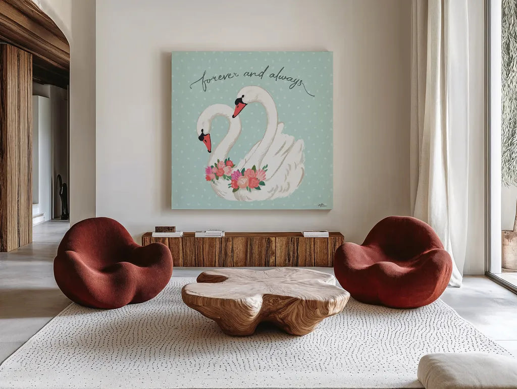 Swan Lake VI Mint by Janelle Penner. Shown as extra-large giant wall art in a modern living room. Available as an archival giclee rolled canvas, fine art paper, or poster print. SKU 39240a.