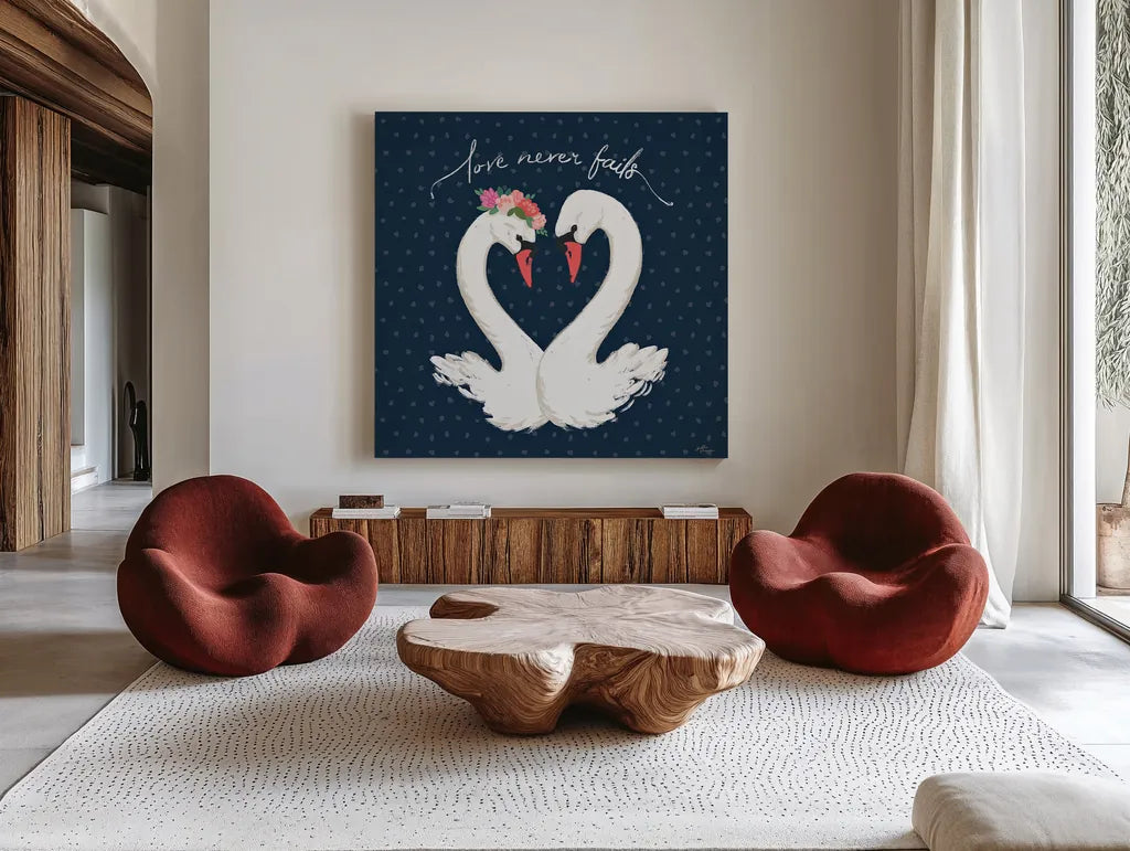 Swan Lake VII by Janelle Penner. Shown as extra-large giant wall art in a modern living room. Available as an archival giclee rolled canvas, fine art paper, or poster print. SKU 39234a.