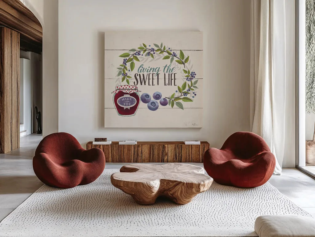 Sweet Life V by Janelle Penner. Shown as extra-large giant wall art in a modern living room. Available as an archival giclee rolled canvas, fine art paper, or poster print. SKU 30913a.