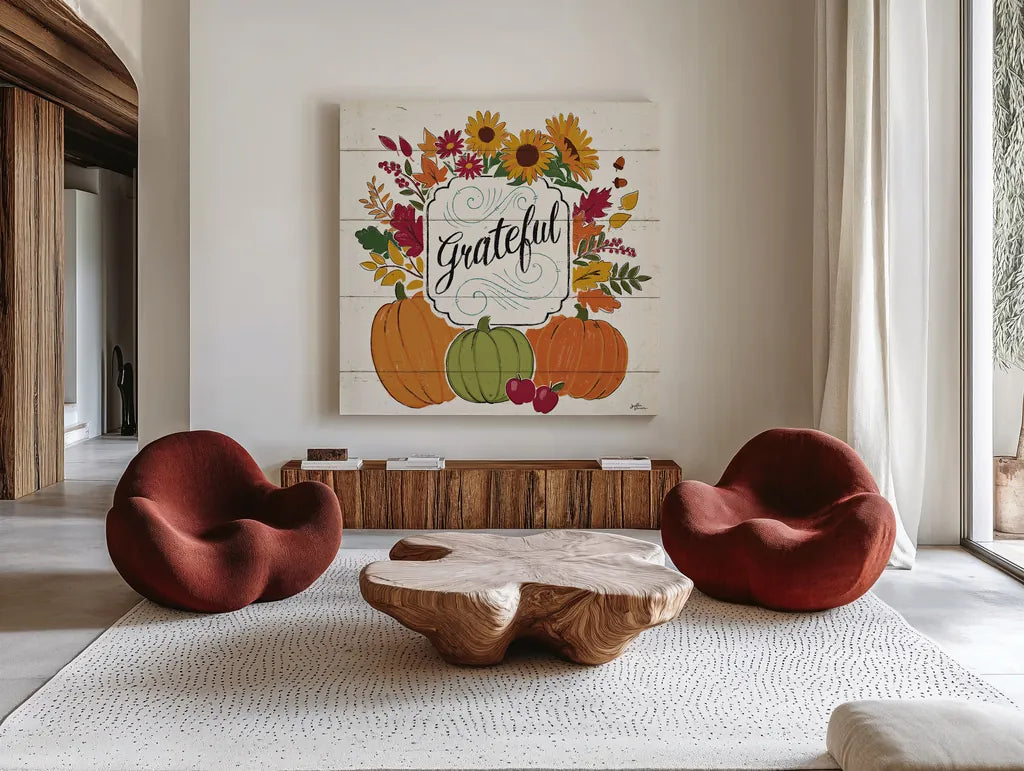 Thankful II White by Janelle Penner. Shown as extra-large giant wall art in a modern living room. Available as an archival giclee rolled canvas, fine art paper, or poster print. SKU 43109a.