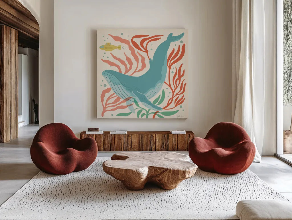 Under the Sea V by Janelle Penner. Shown as extra-large giant wall art in a modern living room. Available as an archival giclee rolled canvas, fine art paper, or poster print. SKU 69208a.