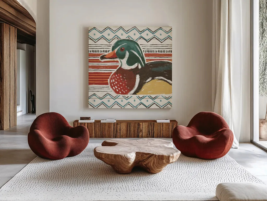 Vintage Lake X by Janelle Penner. Shown as extra-large giant wall art in a modern living room. Available as an archival giclee rolled canvas, fine art paper, or poster print. SKU 42259a.