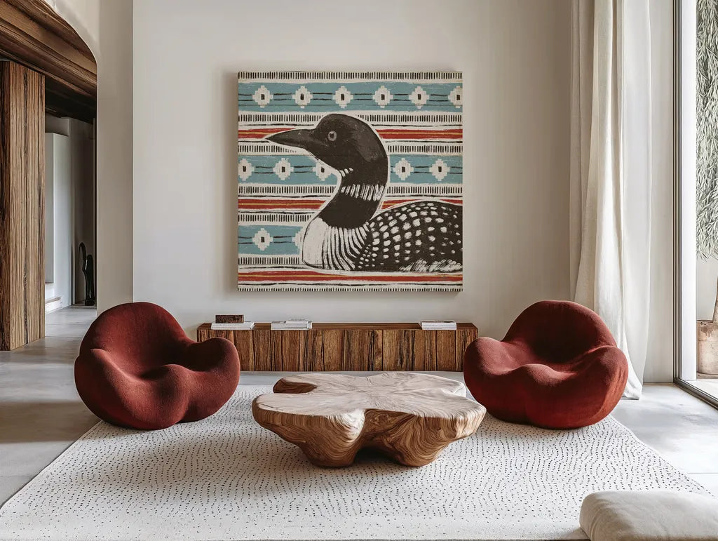 Vintage Lake XI by Janelle Penner. Shown as extra-large giant wall art in a modern living room. Available as an archival giclee rolled canvas, fine art paper, or poster print. SKU 42260a.