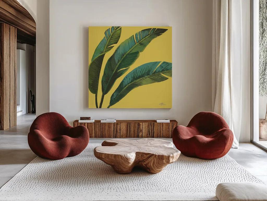 Welcome to Paradise XI Yellow by Janelle Penner. Shown as extra-large giant wall art in a modern living room. Available as an archival giclee rolled canvas, fine art paper, or poster print. SKU 55553a.