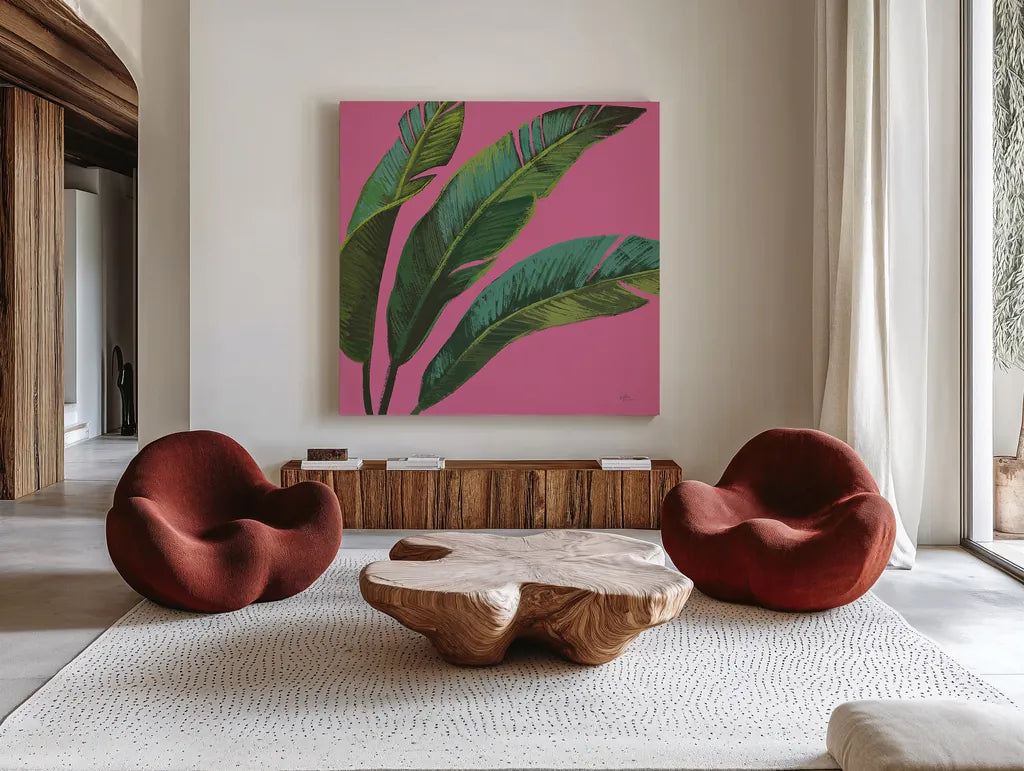 Welcome to Paradise XI on Pink by Janelle Penner. Shown as extra-large giant wall art in a modern living room. Available as an archival giclee rolled canvas, fine art paper, or poster print. SKU 33298a.