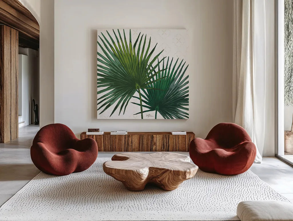 Welcome to Paradise XII by Janelle Penner. Shown as extra-large giant wall art in a modern living room. Available as an archival giclee rolled canvas, fine art paper, or poster print. SKU 30415a.