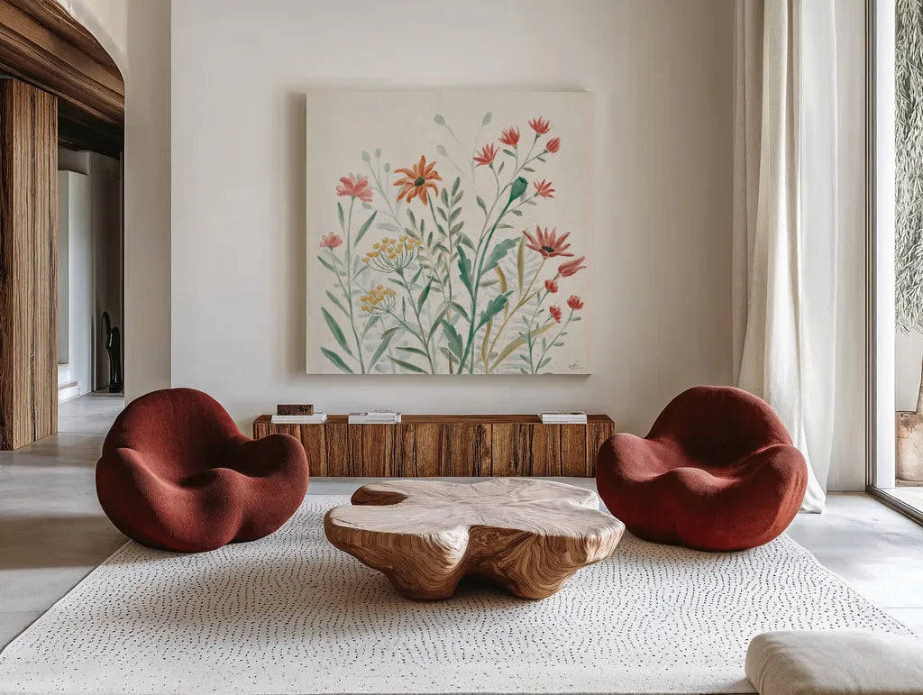 Wildflower Vibes II by Janelle Penner. Shown as extra-large giant wall art in a modern living room. Available as an archival giclee rolled canvas, fine art paper, or poster print. SKU 74610a.