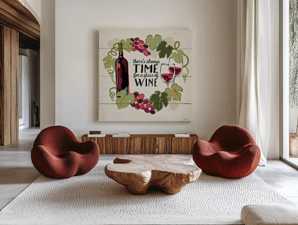 Wine and Friends VI by Janelle Penner. Shown as extra-large giant wall art in a modern living room. Available as an archival giclee rolled canvas, fine art paper, or poster print. SKU 37917a.