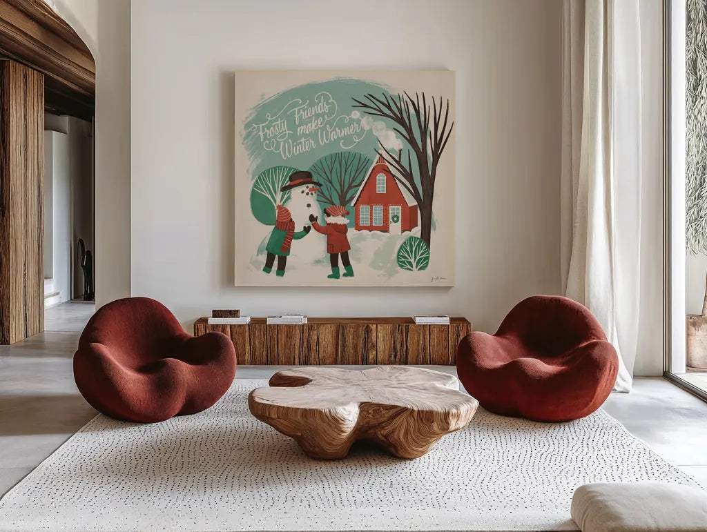 Winter Bliss III by Janelle Penner. Shown as extra-large giant wall art in a modern living room. Available as an archival giclee rolled canvas, fine art paper, or poster print. SKU 63558a.